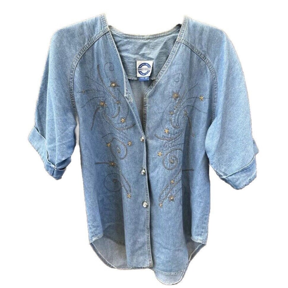 Vintage Bingo!Bingo! denim Shirt Women 10P Petite Embroidered Stars Celestial